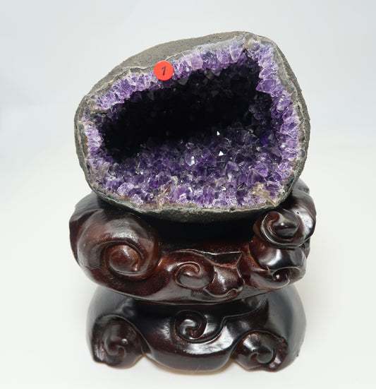 Premium Uruguay Amethyst Geode Money Bag with Wooden Stand 12.5cmx15cmx9cm/3.1kg