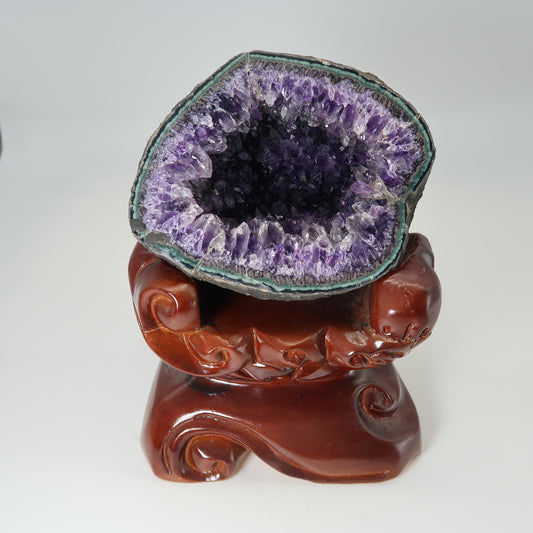 Premium Uruguay Amethyst Geode Money Bag with Wooden Stand 13.5cmx13cmx11cm/2.5kg