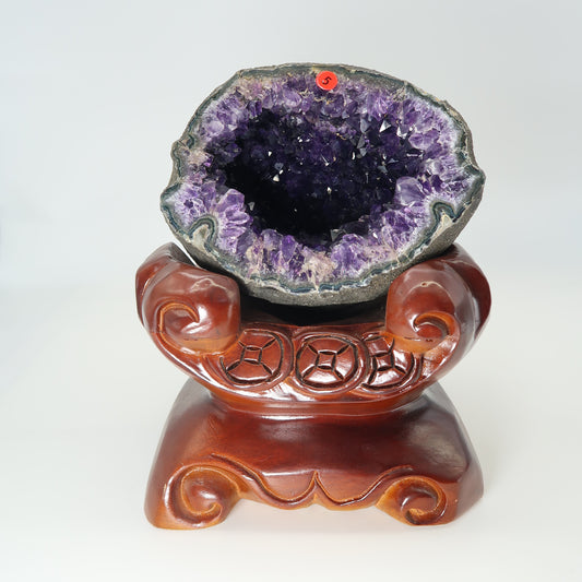 Premium Uruguay Amethyst Geode Money Bag with Wooden Stand 14cmx15cmx11cm/3.6kg